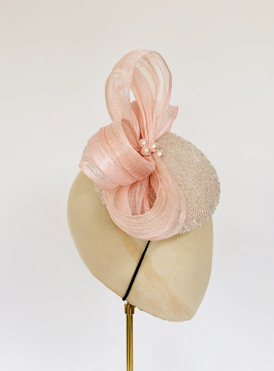 Blush pink pillbox fascinator for wedding royal ascot georgina blyth