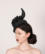 black velvet teardrop beret fascinator hat for winter wedding with silk flower trim, crystals and silk abaca