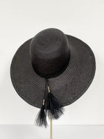 black panama open crown sun hat with suede band and ostrich feather pom 