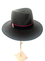 black panama wide brimmed fedora hat with crown over crown, ladies sun hat