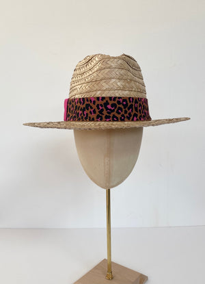 straw braided fedora hat with hot pink leopard band