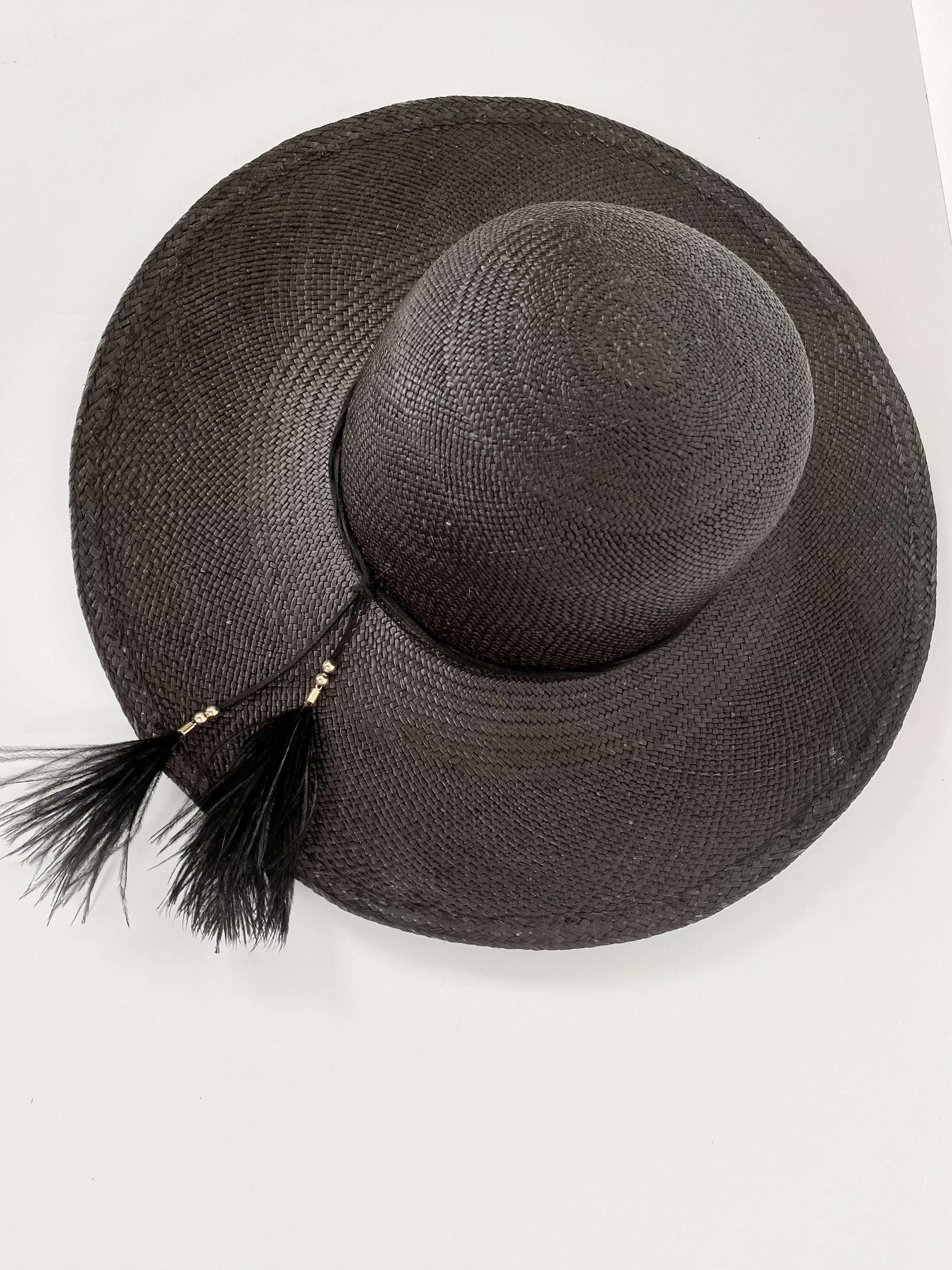 black panama open crown sun hat with suede band and ostrich feather pom 