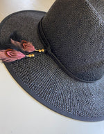 boho black straw hat with slanted crown fedora with feather tassels