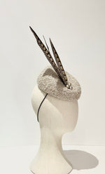 Cheltenham gold cup hat fascinator neutral wool fabric with natural feathers 