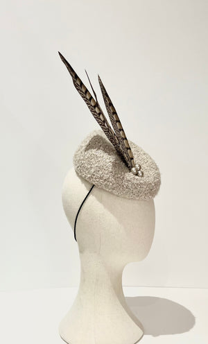 Cheltenham gold cup hat fascinator neutral wool fabric with natural feathers 
