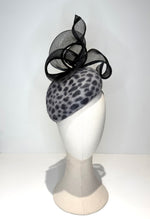 black and grey spotted felt fascinator with crin loops for cheltenham Race Festival