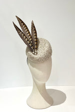 Cheltenham race hat boucle wool fabric with natural let Amherst feather 