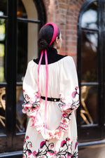 Hot pink halo headband withy veiling and ribbon tassels for royal ascot, wedding guest