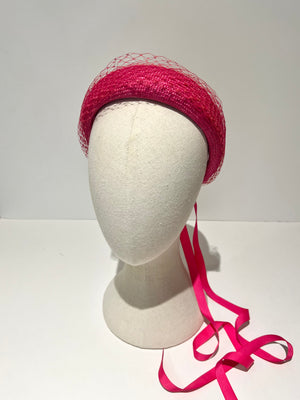 hot pink halo headband with ribbon tassels and veiling netting