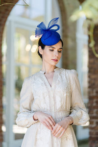 blue silk cocktail fascinator worn with hobbs neutral dress