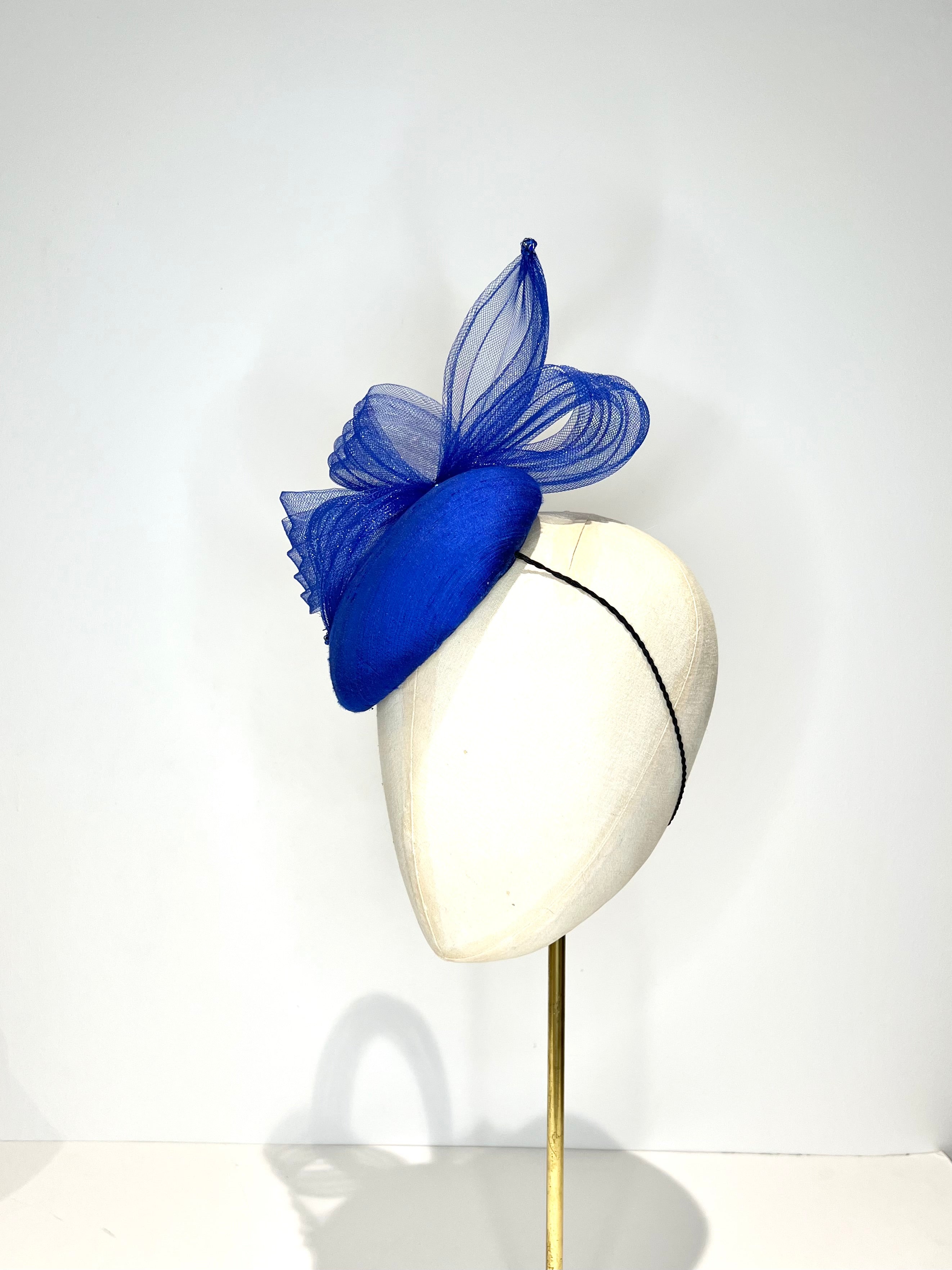 blue silk hat with pleated crin fascinator for royal ascot races wedding