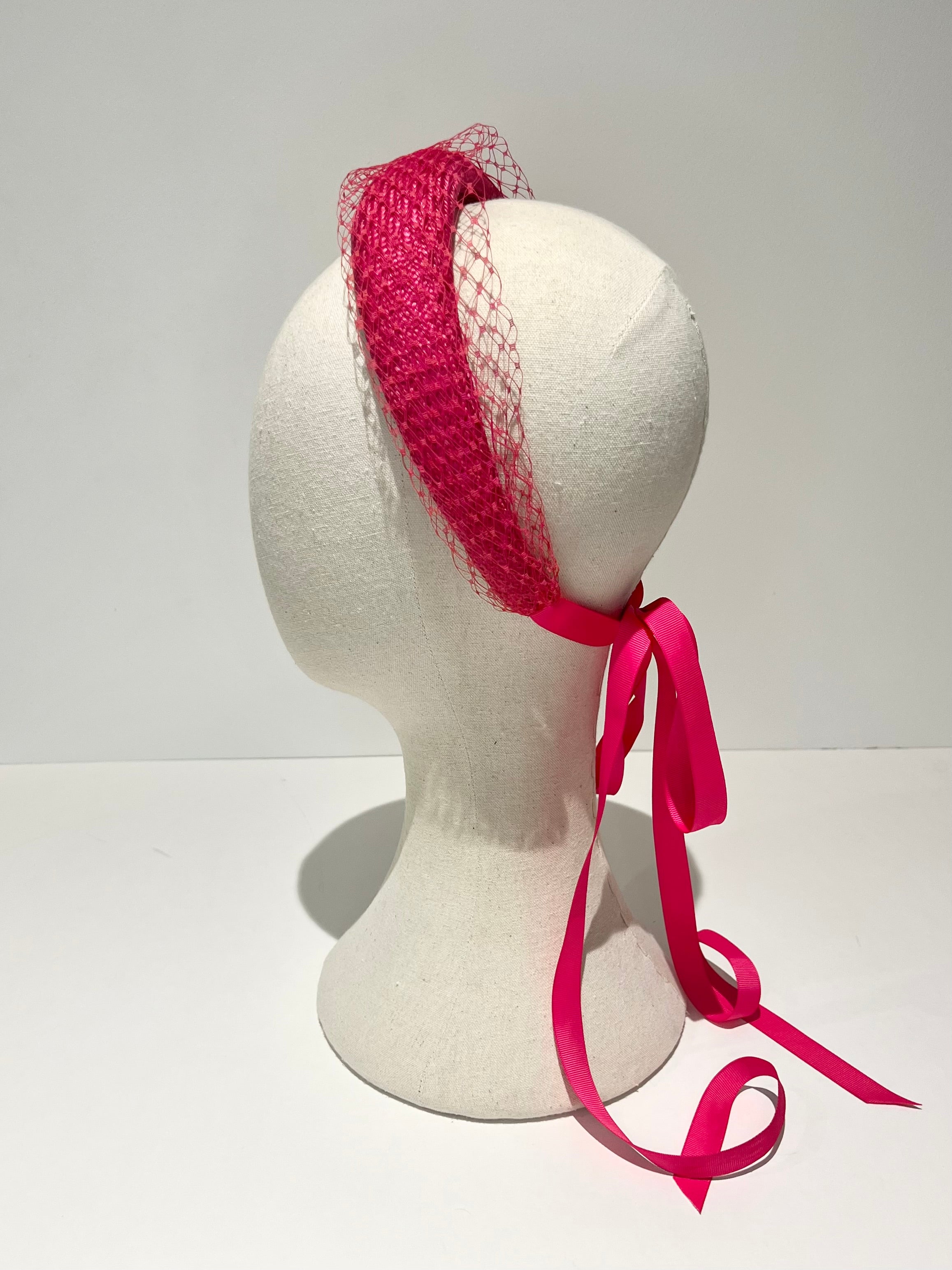 Halo headband hot pink with netting and ribbon tassels