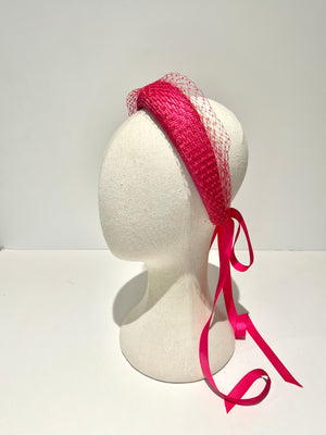 hot pink padded headband with ribbon tassels and netting race wear occasion wear