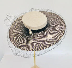 black and ivory checked panama overszied straw boater with veiling and pearls