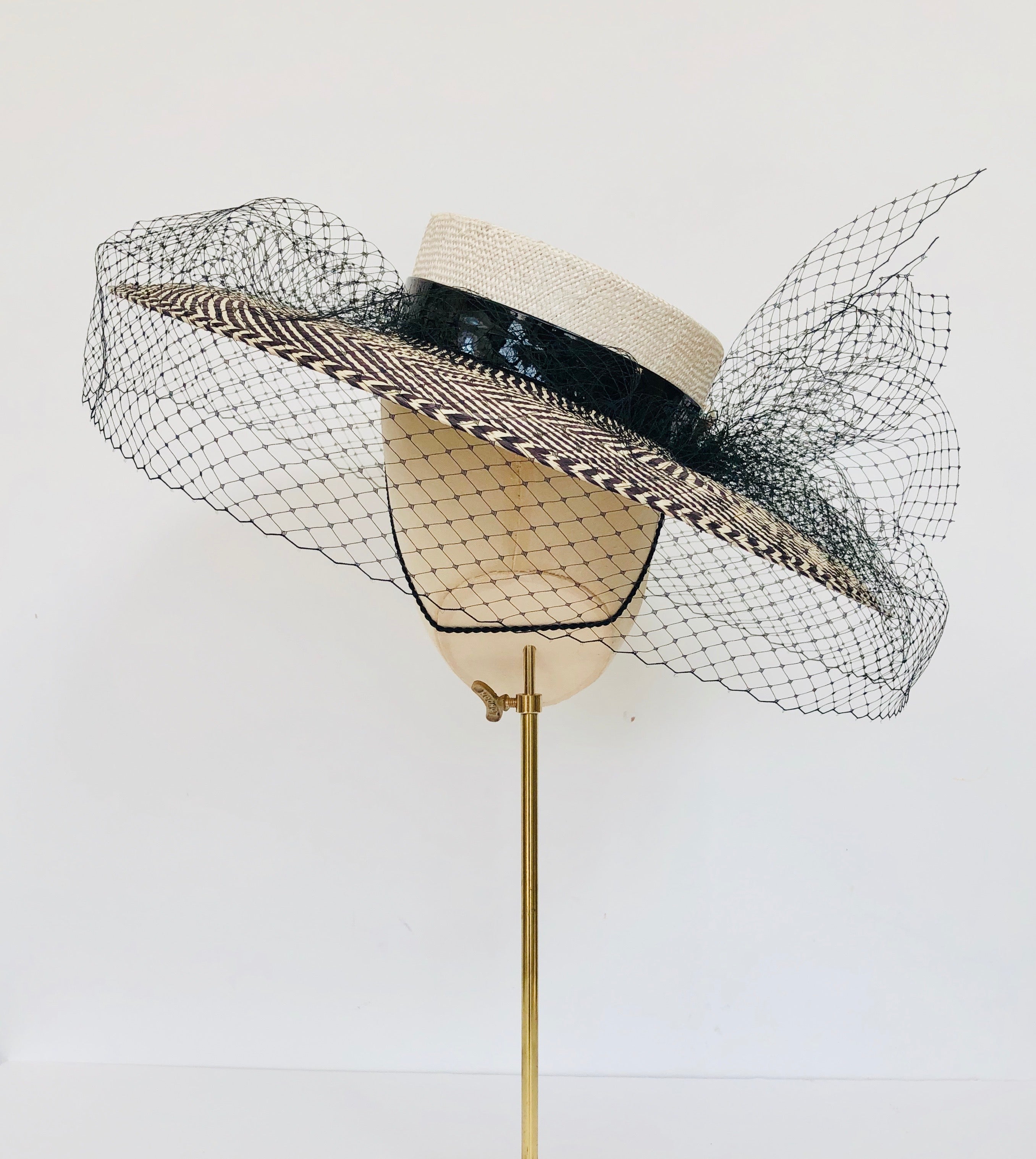 black and ivory checked panama overszied straw boater with veiling and pearls