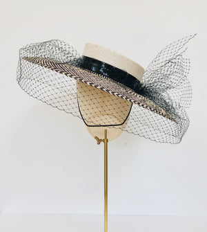 black and ivory checked panama overszied straw boater with veiling and pearls