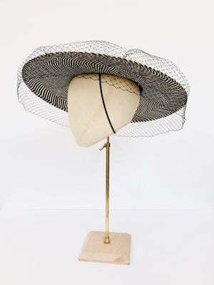 black and ivory checked panama overszied straw boater with veiling and pearls
