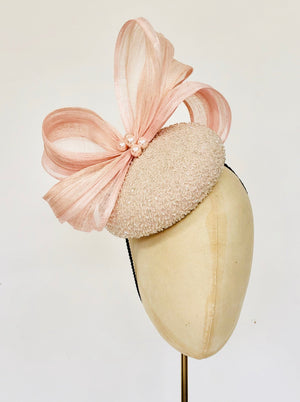 blush pink beaded fascinator for wedding royal ascot mnother of the bride pillbox hat