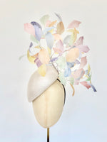 ivory teardrop straw pillbox fascinator hat with rainbow multi coloured feather spray