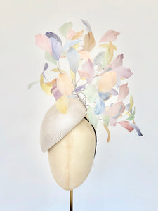 ivory teardrop straw pillbox fascinator hat with rainbow multi coloured feather spray