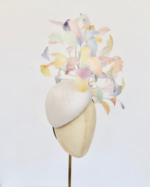 ivory teardrop straw pillbox fascinator hat with rainbow multi coloured feather spray