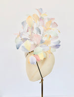 ivory teardrop straw pillbox fascinator hat with rainbow multi coloured feather spray