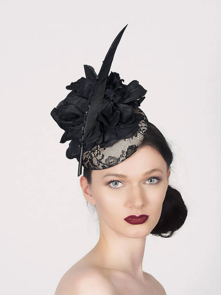 black lace pillbox fascinator winter wedding hat large black silk flower and sharp black feather with crystals Georgina Blyth Millinery