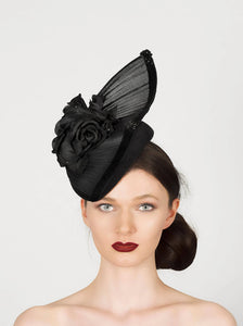 black velvet teardrop beret fascinator hat for winter wedding with silk flower trim, crystals and silk abaca