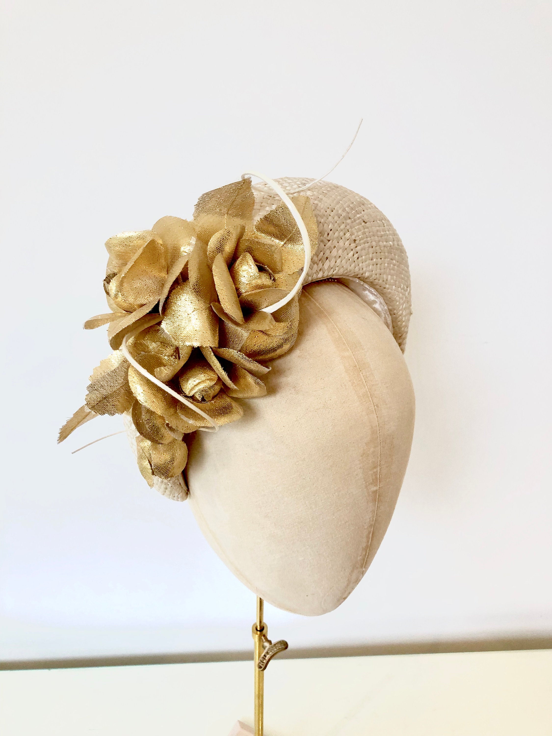 ivory straw halo crown padded headband, kate middleton style, with gold metallic fabric flowers