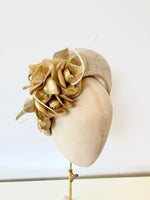 ivory straw halo crown padded headband, kate middleton style, with gold metallic fabric flowers