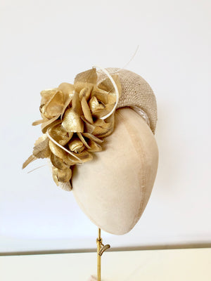ivory straw halo crown padded headband, kate middleton style, with gold metallic fabric flowers