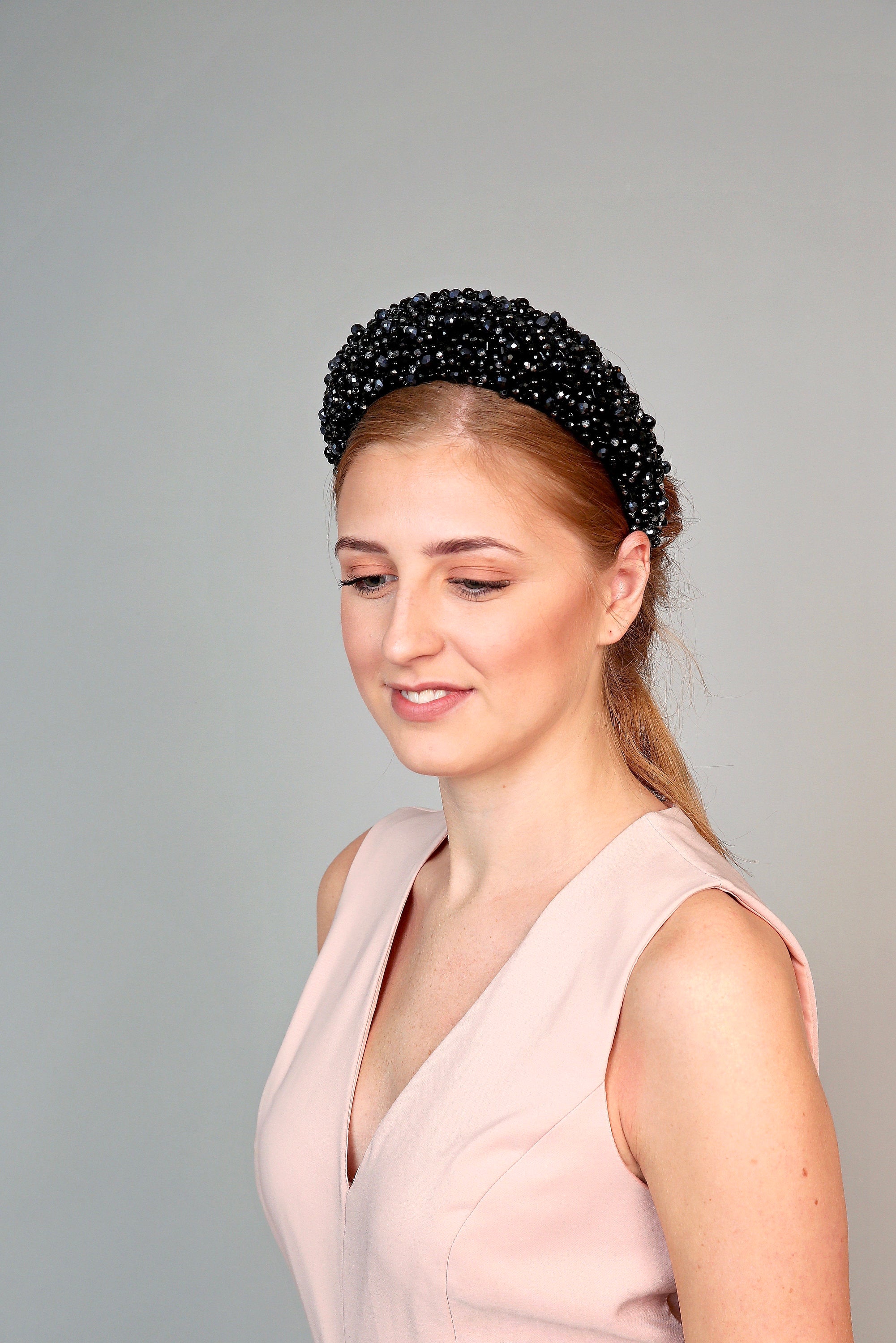 hand beaded crystal high padded headband black