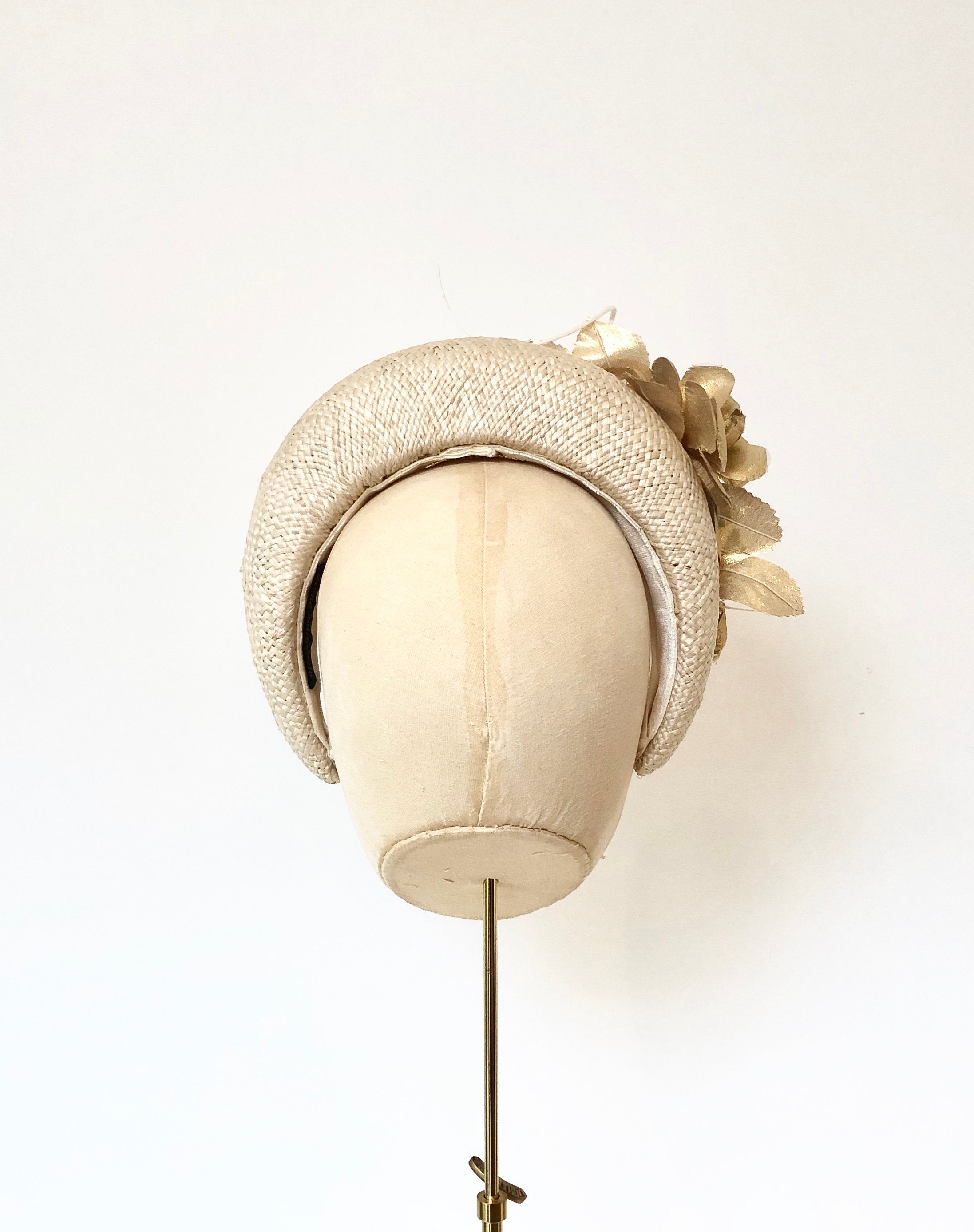 ivory straw halo crown padded headband, kate middleton style, with gold metallic fabric flowers