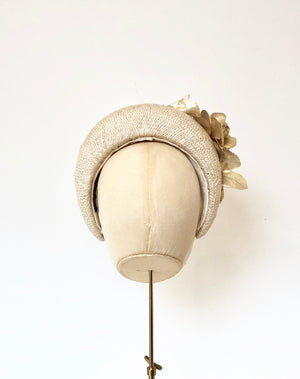 ivory straw halo crown padded headband, kate middleton style, with gold metallic fabric flowers