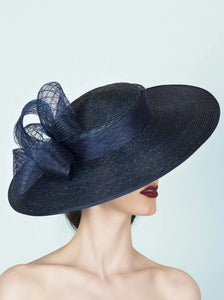 navy blue wide brimmed straw boater hat for royal ascot wedding guest