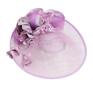 heather pink small disc saucer fascinator wedding hat, with heather crin and velvet rose flowers