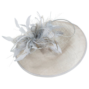 silver grey disc saucer fascinator wedding hat, with feather spray trim and metallic silver quills