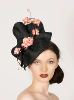 black fascinator percher hat, with pink cherry blossom flowers, ideal for roayl ascot