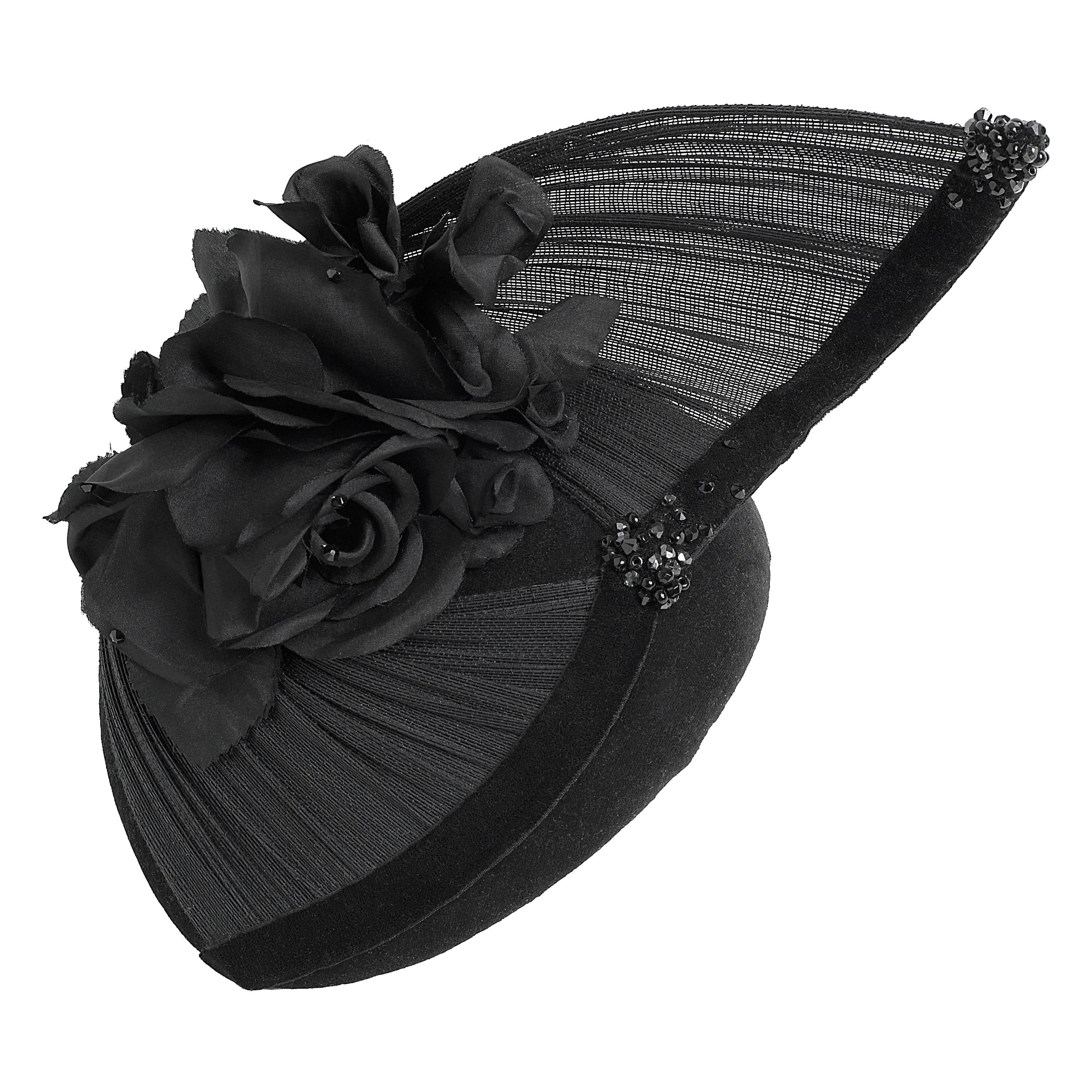 black velvet teardrop beret fascinator hat for winter wedding with silk flower trim, crystals and silk abaca
