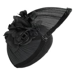 black velvet teardrop beret fascinator hat for winter wedding with silk flower trim, crystals and silk abaca