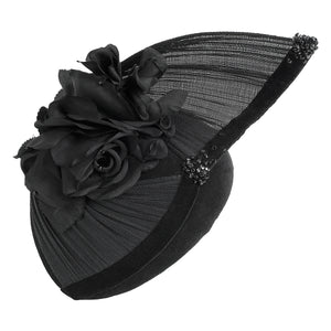 black velvet teardrop beret fascinator hat for winter wedding with silk flower trim, crystals and silk abaca