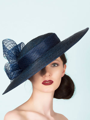 navy blue wide brimmed straw boater hat for wedding guest royal ascot