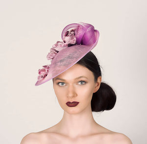 heather pink small disc saucer fascinator wedding hat, with heather crin and velvet rose flowers
