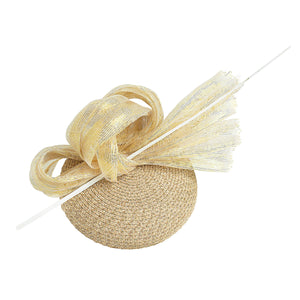 neutral gold glitter straw pillbox fascintor with silk lurex abaca loops and ivory quill, ideal for wedding guest hat or royal ascot