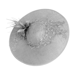 silver grey disc saucer fascinator hat, ideal for mother of the bride wedding hat, with lace band silk flower and spikey feather trim