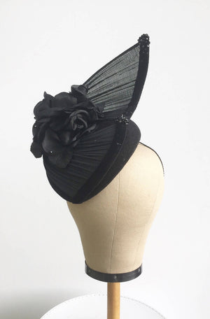 black velvet teardrop beret fascinator hat for winter wedding with silk flower trim, crystals and silk abaca