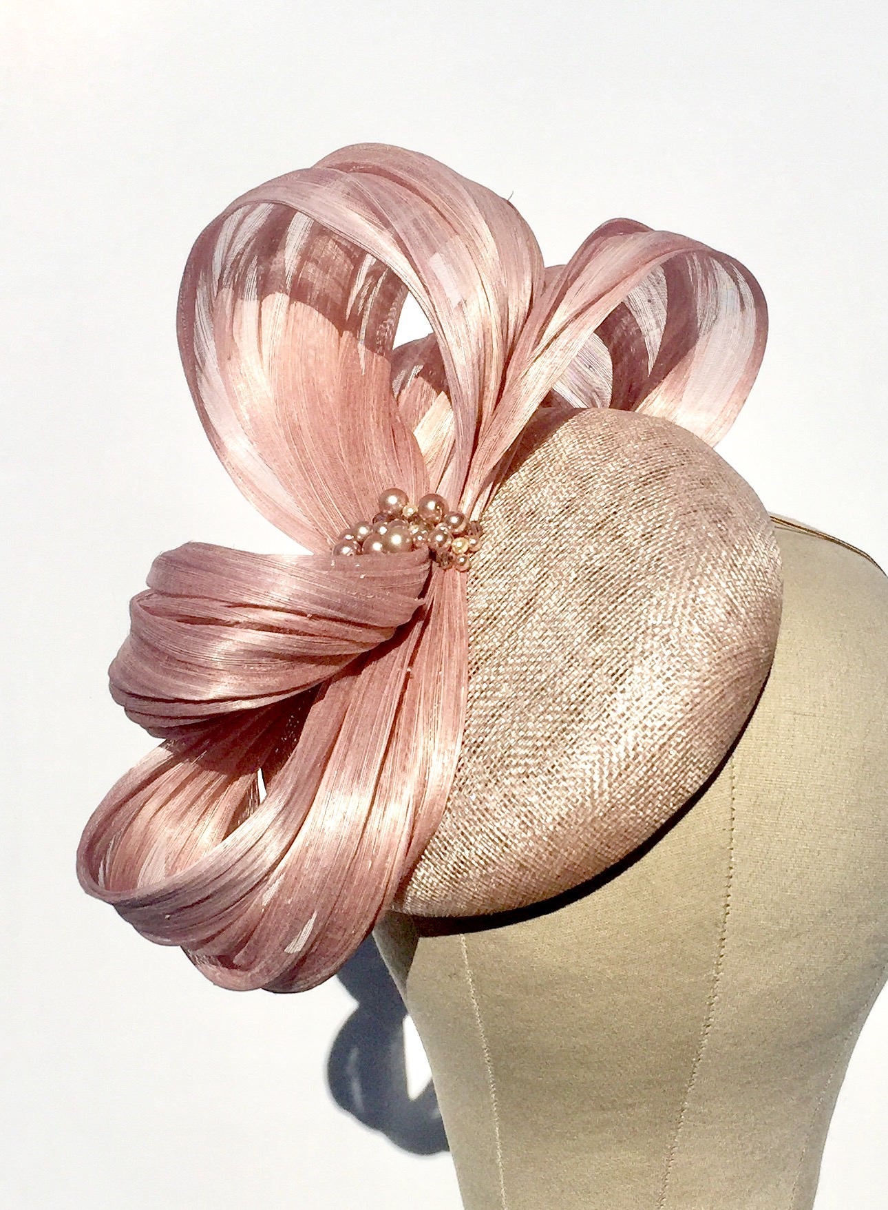 blush pink fascinator pillbox hat, ideal for wedding guests or royal ascot