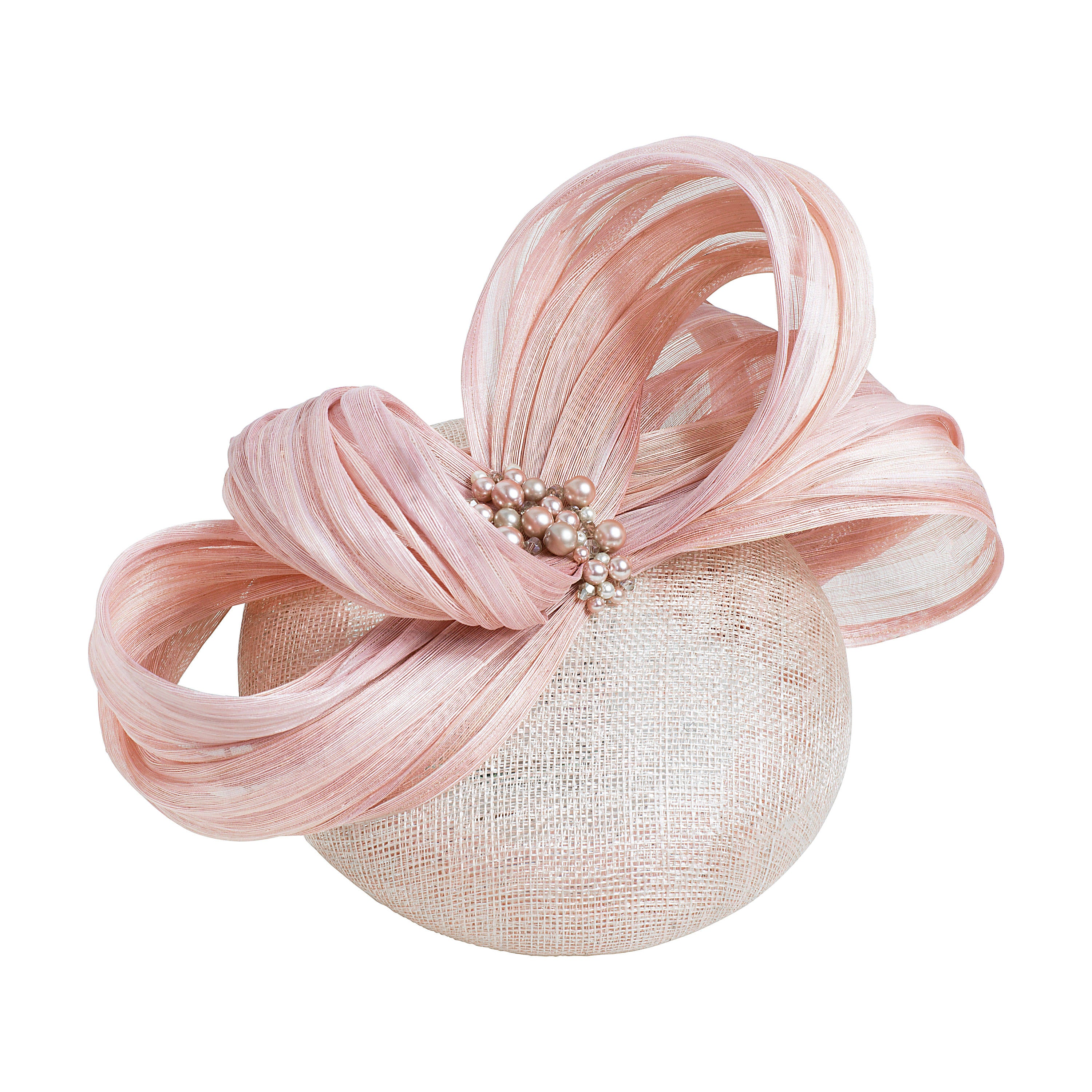 blush pink pillbox fascinator hat, ideal for wedding guest or royal ascot