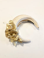 ivory straw halo crown padded headband, kate middleton style, with gold metallic fabric flowers
