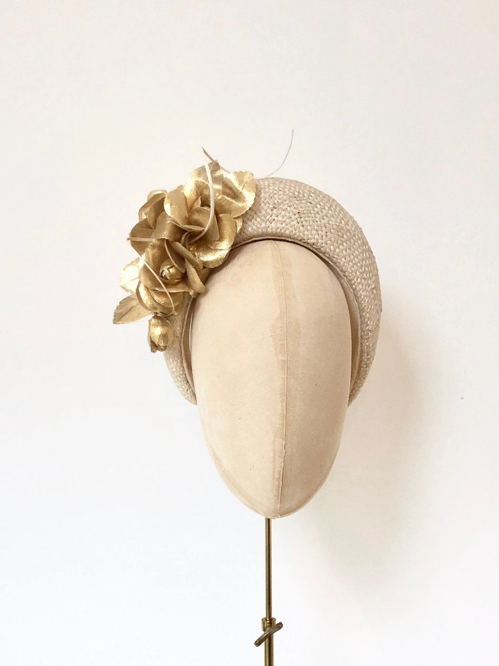 ivory straw halo crown padded headband, kate middleton style, with gold metallic fabric flowers